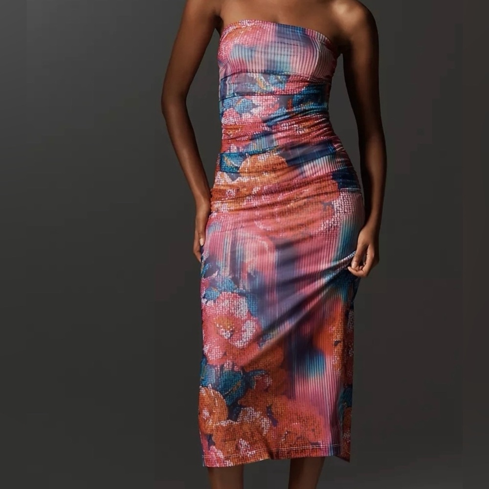 Anthropologie Strapless Floral Bodycon Dress - Pink, Orange, Blue